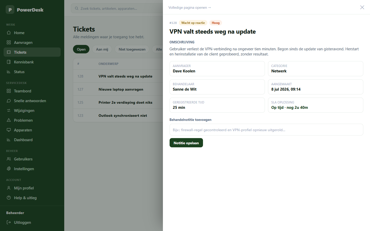 PowerDesk — ticketdetail als zwevend paneel over de lijst